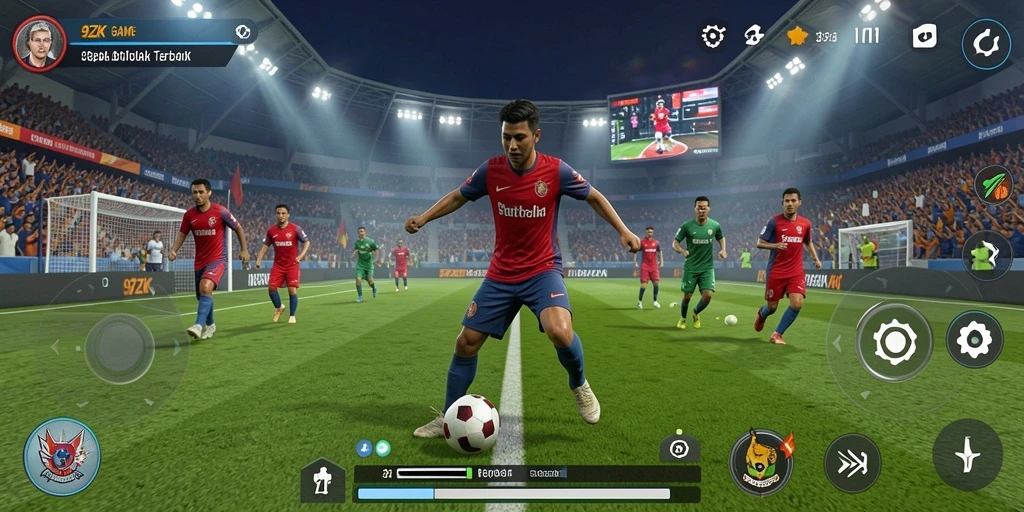 Tangkapan layar gameplay 9ZK yang menampilkan aksi sepak bola yang menegangkan.