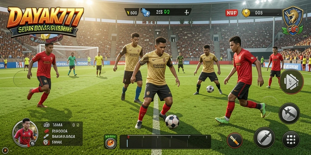 Screenshot utama DAYAK777 menampilkan aksi pertandingan sepak bola yang seru.