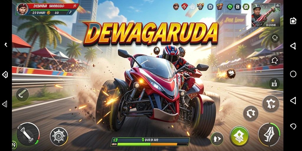 Screenshot utama DEWAGARUDA menampilkan aksi balapan yang menegangkan.